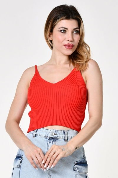 Quzu İnce Askılı Triko Crop Bluz  - Mercan