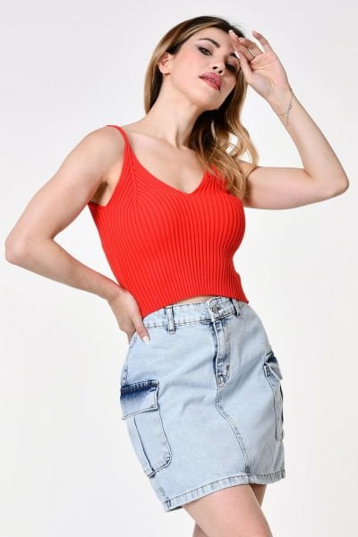 Quzu İnce Askılı Triko Crop Bluz  - Mercan