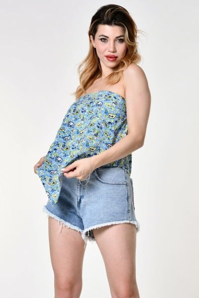 Quzu Desenli Straplez Bluz  - Mavi