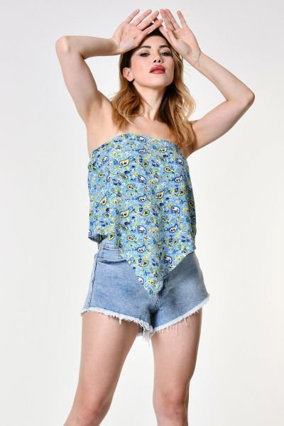 Quzu Desenli Straplez Bluz  - Mavi