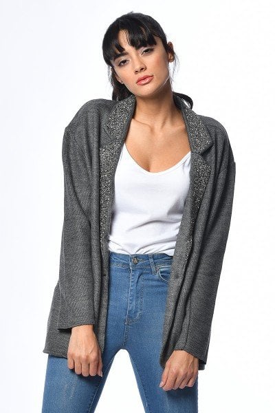 Cotton Candy Yakası Pullu Kadın Ceket - Antrasit
