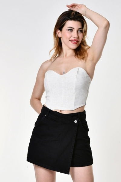 Quzu Keten Korse Top Bluz  - Natürel