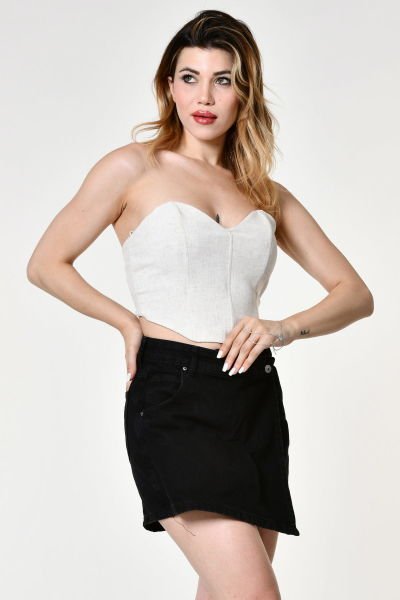 Quzu Keten Korse Top Bluz  - Natürel