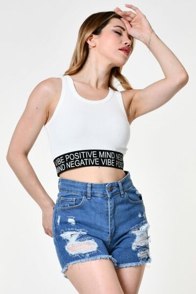 Quzu Lastik Detaylı Crop Top Atlet  - Ekru