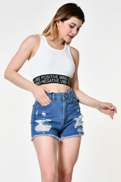 Quzu Lastik Detaylı Crop Top Atlet  - Ekru