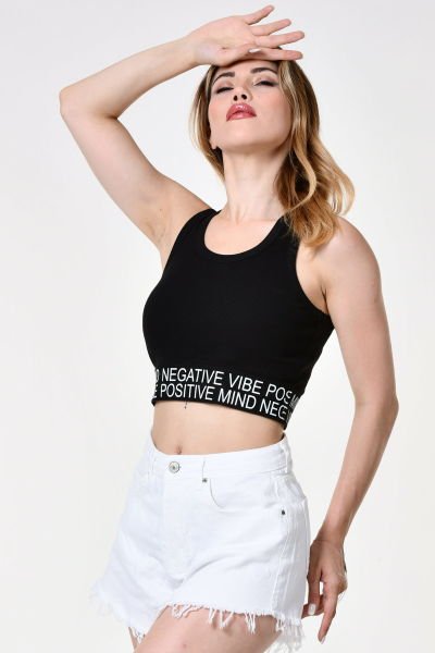 Quzu Lastik Detaylı Crop Top Atlet  - Siyah