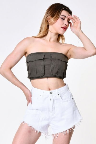 Quzu Körük Cep Detaylı Bluz  - Haki