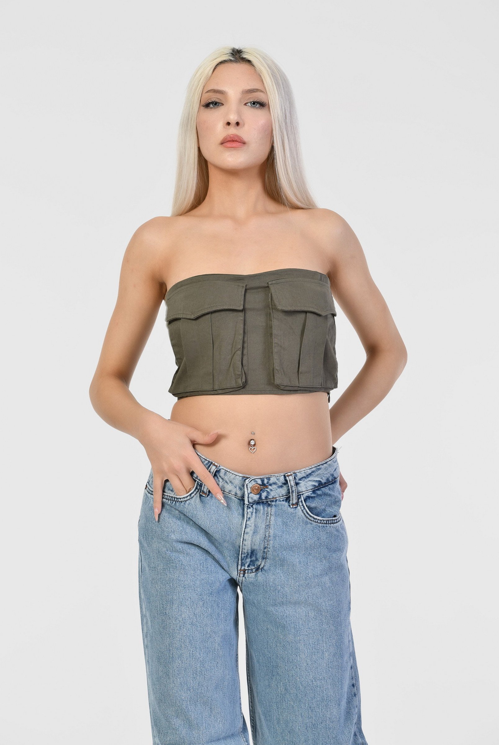 Quzu Körük Cep Detaylı Bluz  - Haki