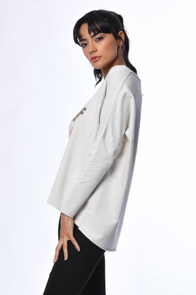 Cotton Candy Önü Pul Baskılı Kadın Sweatshirt - Krem