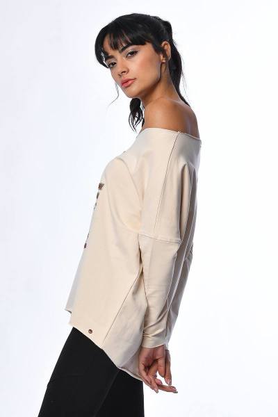 Cotton Candy Önü Pul Baskılı Kadın Sweatshirt - Deve Tüyü