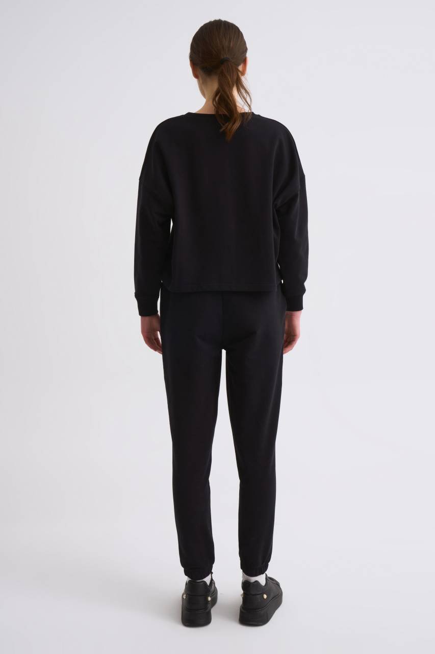 Organik Cepli Regular Fit Bağcıklı Kadın Eşofman Altı - Siyah Siyah - L