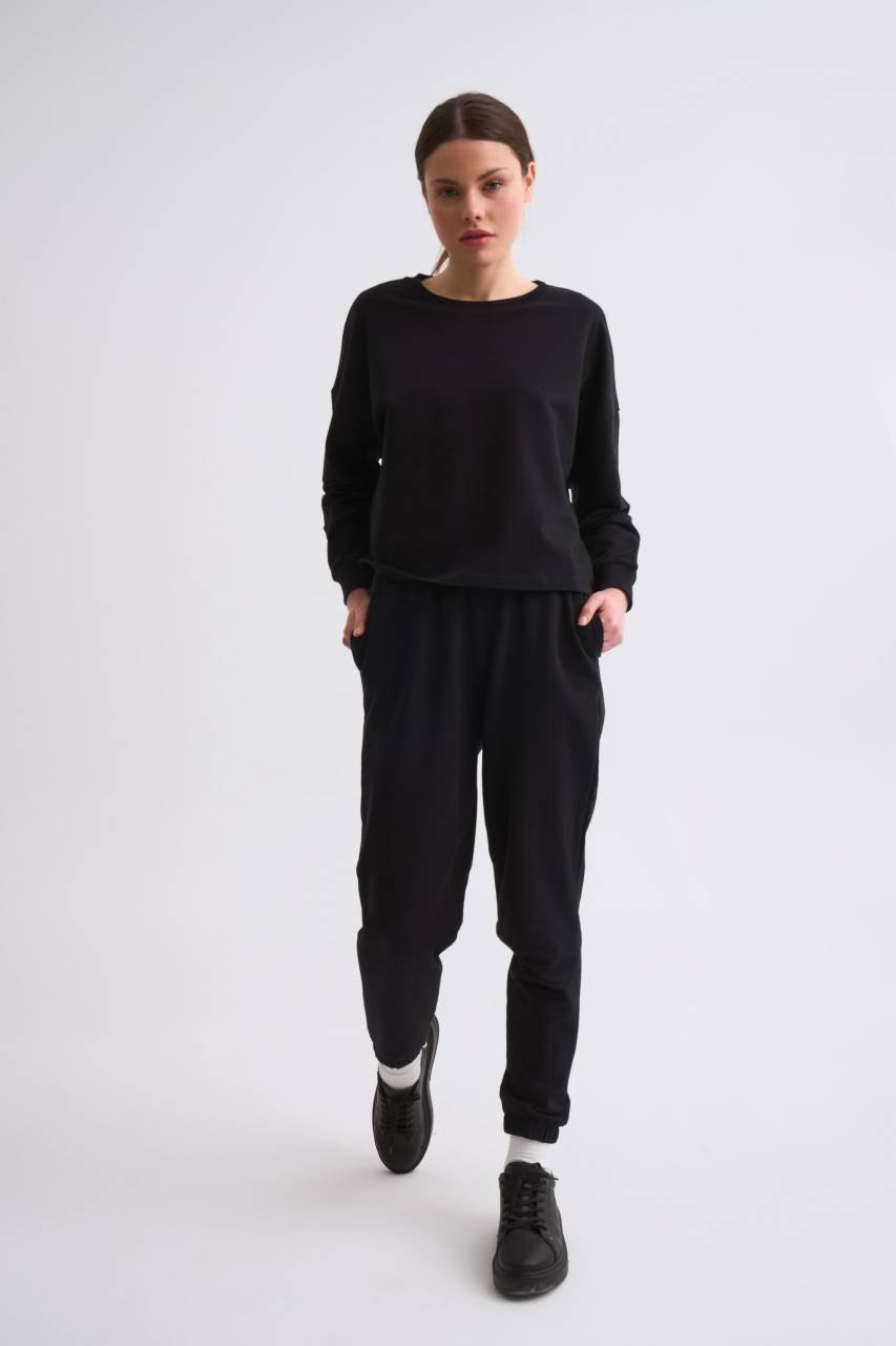 Organik Cepli Regular Fit Bağcıklı Kadın Eşofman Altı - Siyah Siyah - M