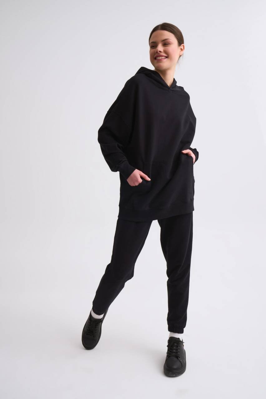 Organik Cepli Regular Fit Bağcıklı Kadın Eşofman Altı - Siyah Siyah - S