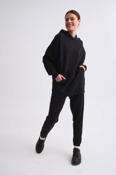 Organik Cepli Regular Fit Bağcıklı Kadın Eşofman Altı - Siyah Siyah - XS