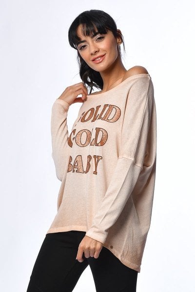 Cotton Candy Baskılı Uzun Kollu Kadın T-Shirt - Turuncu