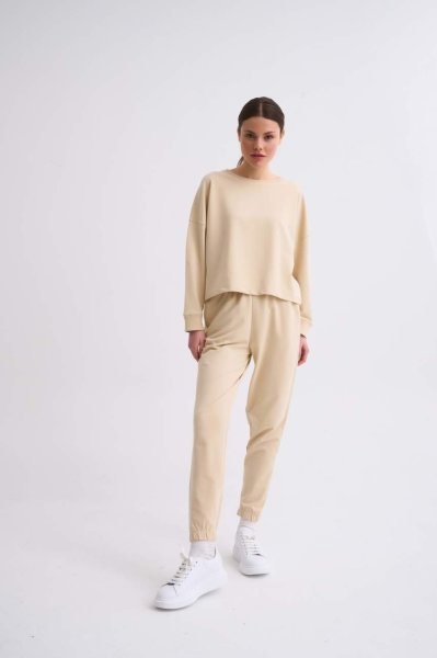 Organik Cepli Regular Fit Bağcıklı Kadın Eşofman Altı - Açık Bej Açık Bej - XS