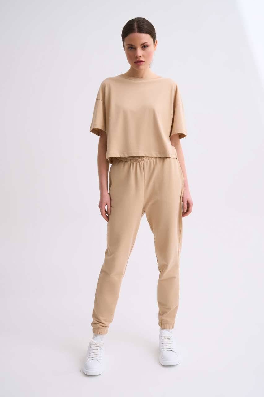 Organik Cepli Regular Fit Bağcıklı Kadın Eşofman Altı - Bej Bej - M