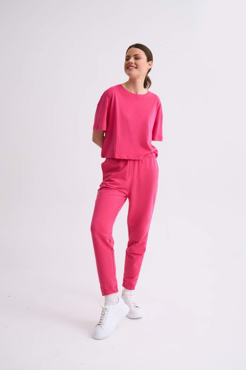 Organik Cepli Regular Fit Bağcıklı Kadın Eşofman Altı - Pembe Pembe - XL