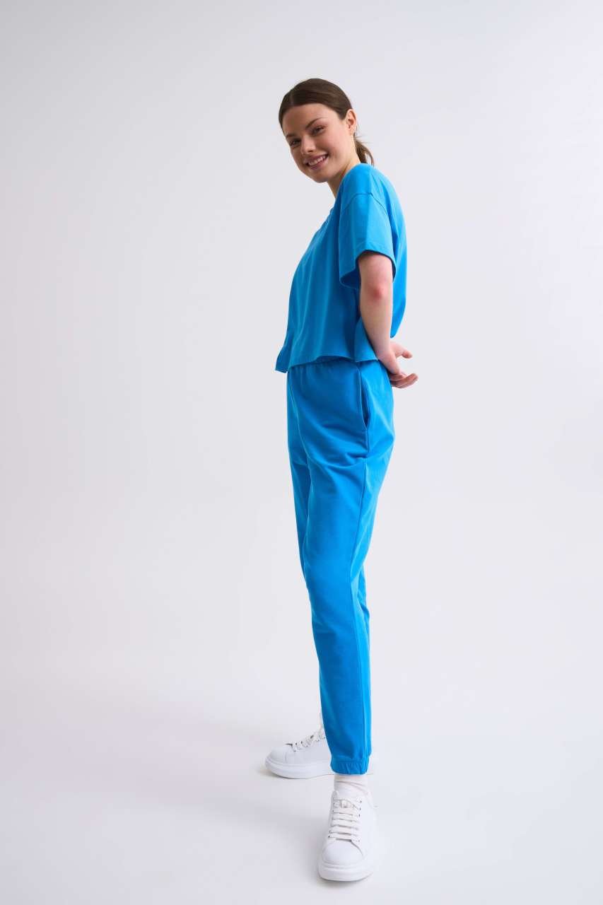 Organik Cepli Regular Fit Bağcıklı Kadın Eşofman Altı - Mavi Mavi - L