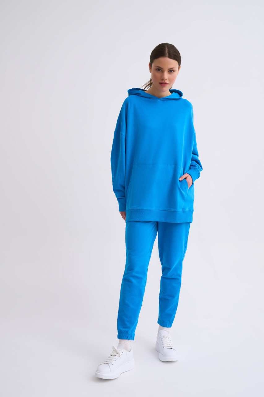 Organik Cepli Regular Fit Bağcıklı Kadın Eşofman Altı - Mavi Mavi - L