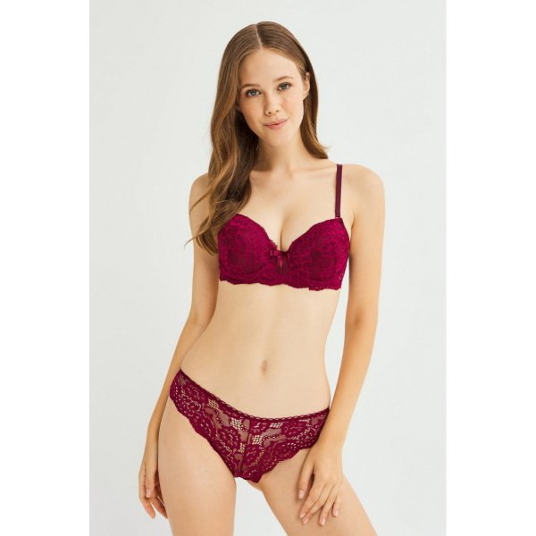 Önü Taş Ve Fiyonk Detaylı Destekli Sütyen Takım  Bordo