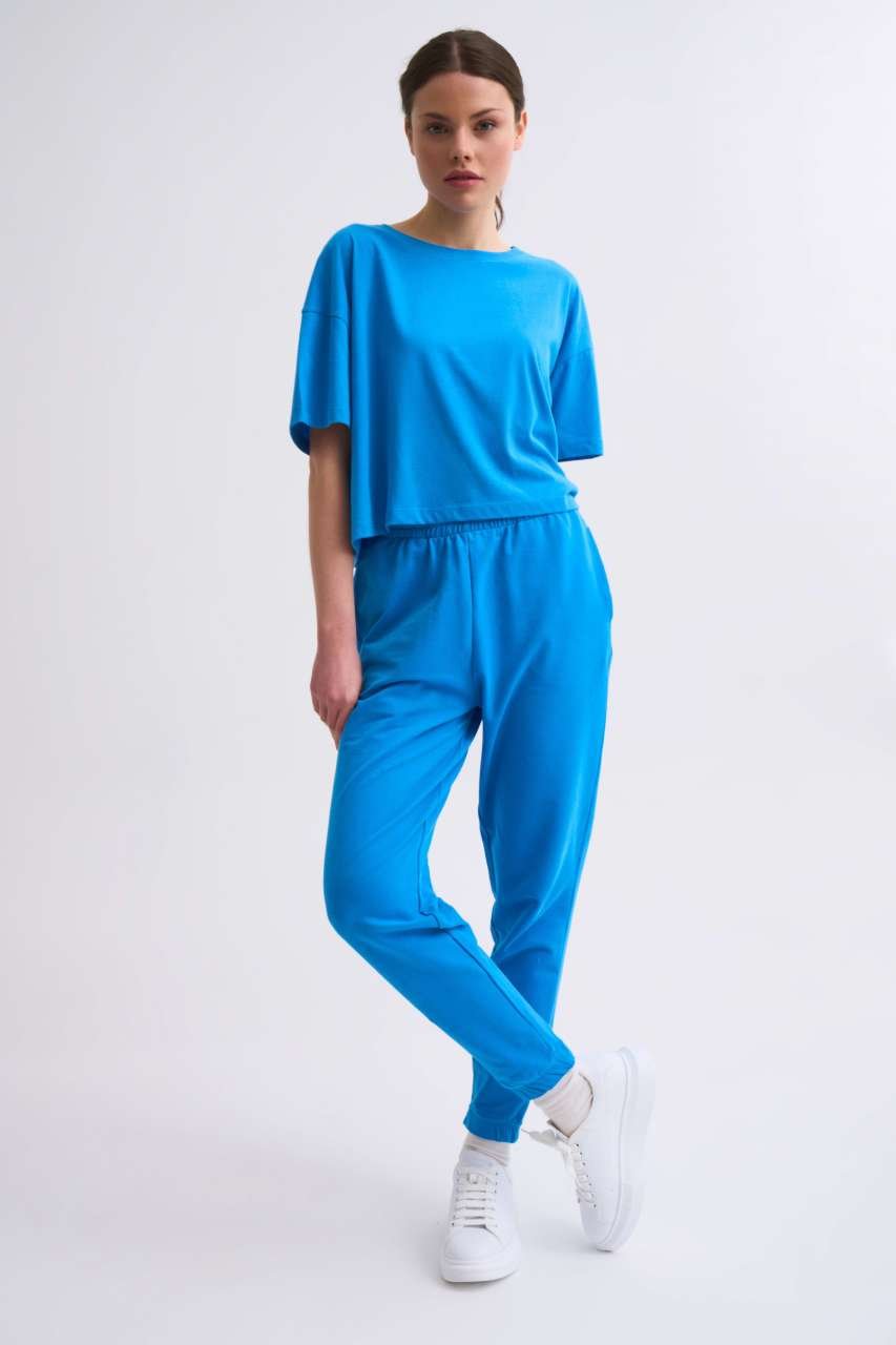 Organik Cepli Regular Fit Bağcıklı Kadın Eşofman Altı - Mavi Mavi - S