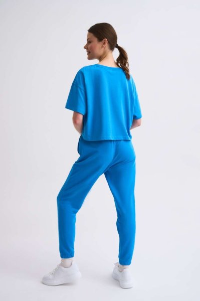 Organik Cepli Regular Fit Bağcıklı Kadın Eşofman Altı - Mavi Mavi - XL