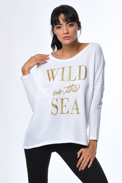 Cotton Candy Sim Baskılı Yarasa Kol Kadın Sweatshirt - Beyaz