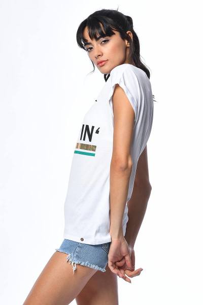 Cotton Candy Baskılı Kısa Kollu Kadın T-Shirt - Beyaz