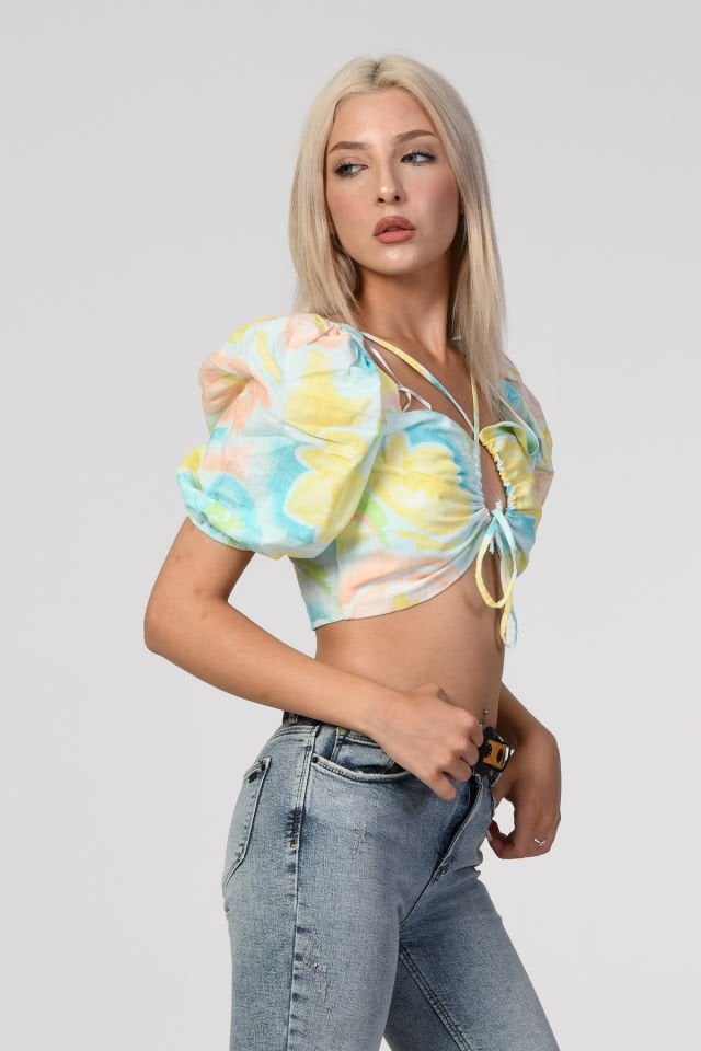 QUZU Balon Kol Pencere Detaylı Crop  - Sarı