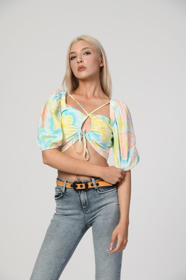 QUZU Balon Kol Pencere Detaylı Crop  - Sarı