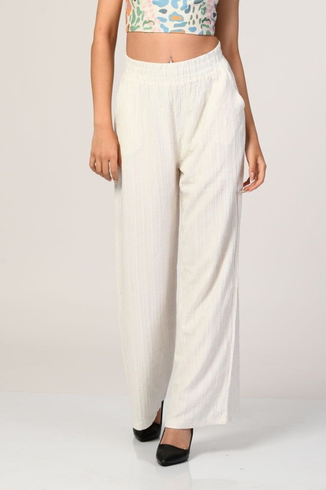QUZU Beli Lastikli Yüksek Bel Keten Pantolon  - Ekru