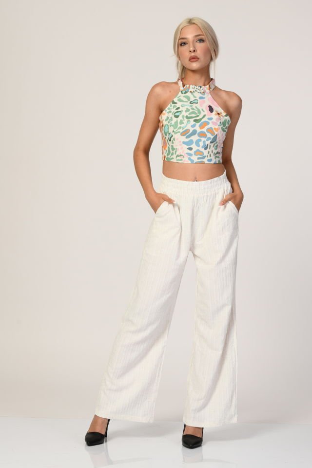 QUZU Beli Lastikli Yüksek Bel Keten Pantolon  - Ekru