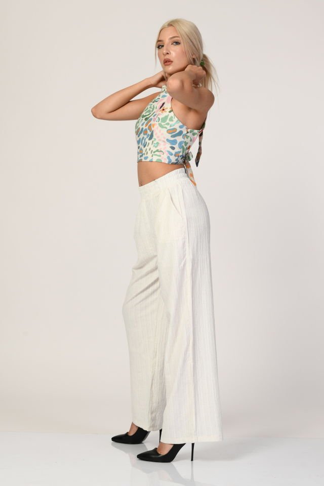 QUZU Beli Lastikli Yüksek Bel Keten Pantolon  - Ekru