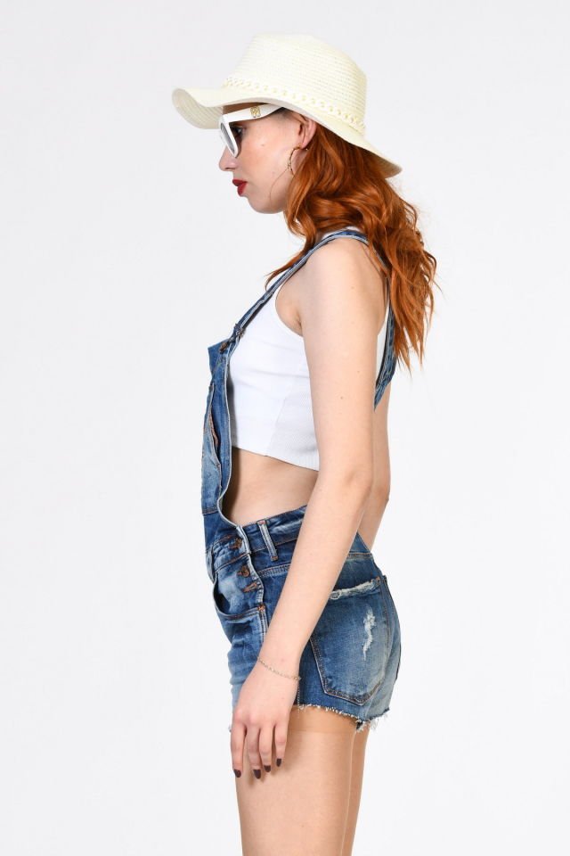 WhatsUp Askılı Salopet Denim Şort Tulum  - Denim
