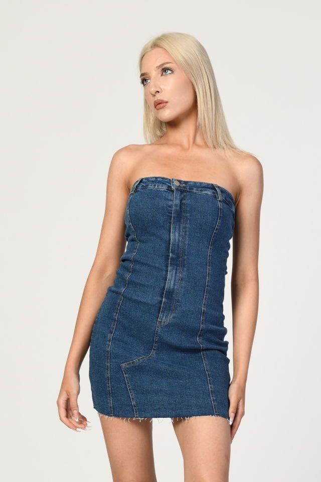 QUZU Straplez Detaylı Kot Mini Elbise   - Mavi