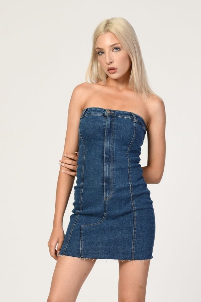 QUZU Straplez Detaylı Kot Mini Elbise   - Mavi