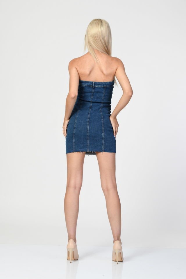 QUZU Straplez Detaylı Kot Mini Elbise   - Mavi