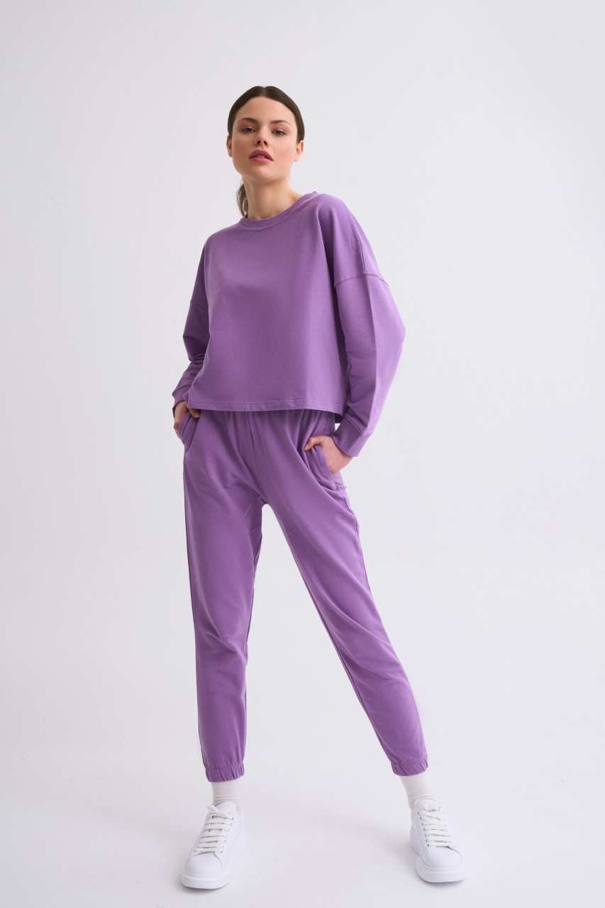 Organik Cepli Regular Fit Bağcıklı Kadın Eşofman Altı - Mor Mor - M