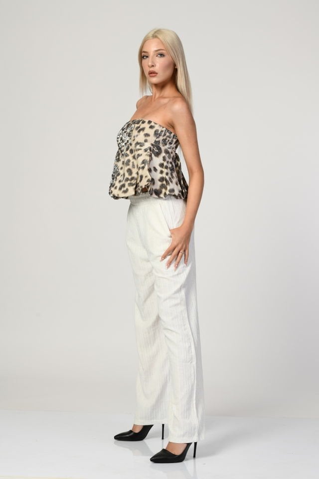 QUZU Leopar Desenli Straplez Volanlı Bluz  - Taş