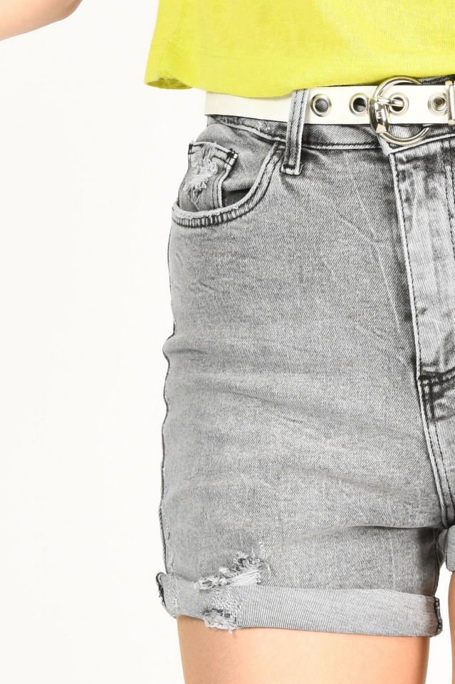 WhatsUp Duble Paça Yüksek Bel Denim Şort  - Gri