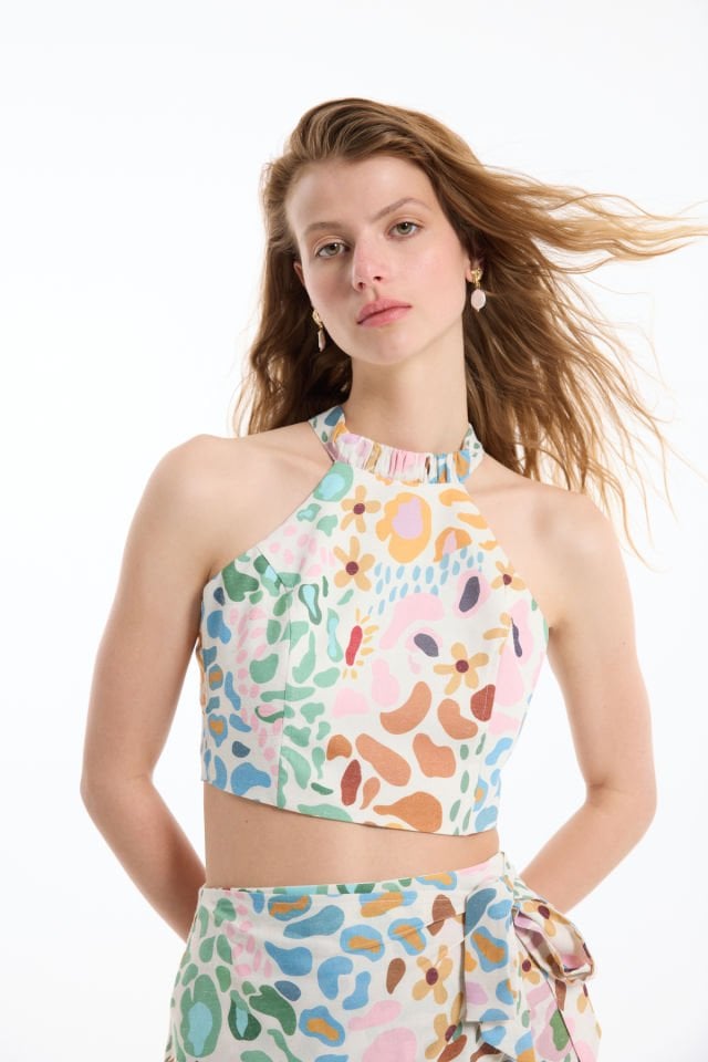 QUZU Sırt Bağlamalı Desenli Keten Crop Bluz  - Çok Renkli