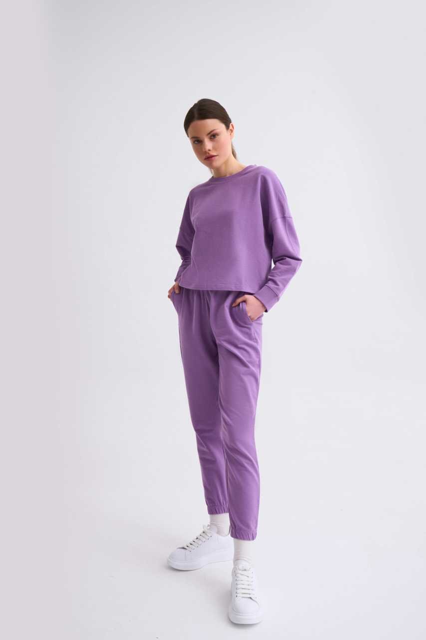 Organik Cepli Regular Fit Bağcıklı Kadın Eşofman Altı - Mor Mor - XL