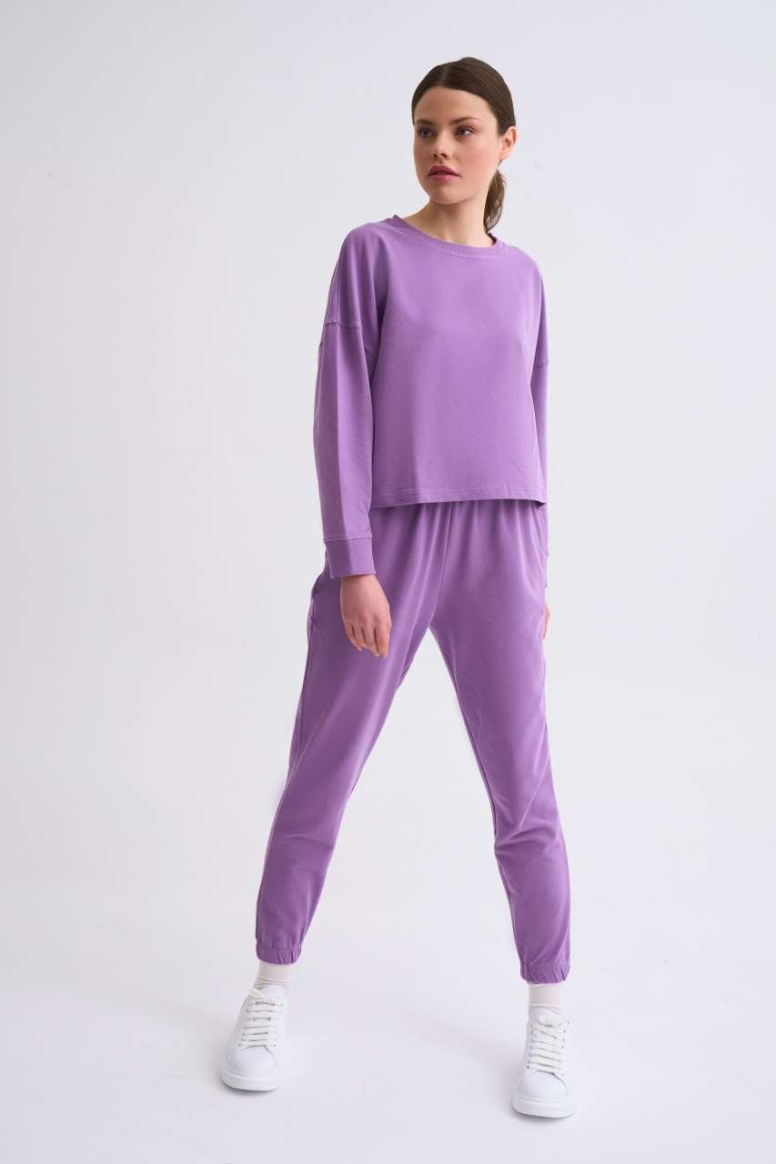 Organik Cepli Regular Fit Bağcıklı Kadın Eşofman Altı - Mor Mor - XL