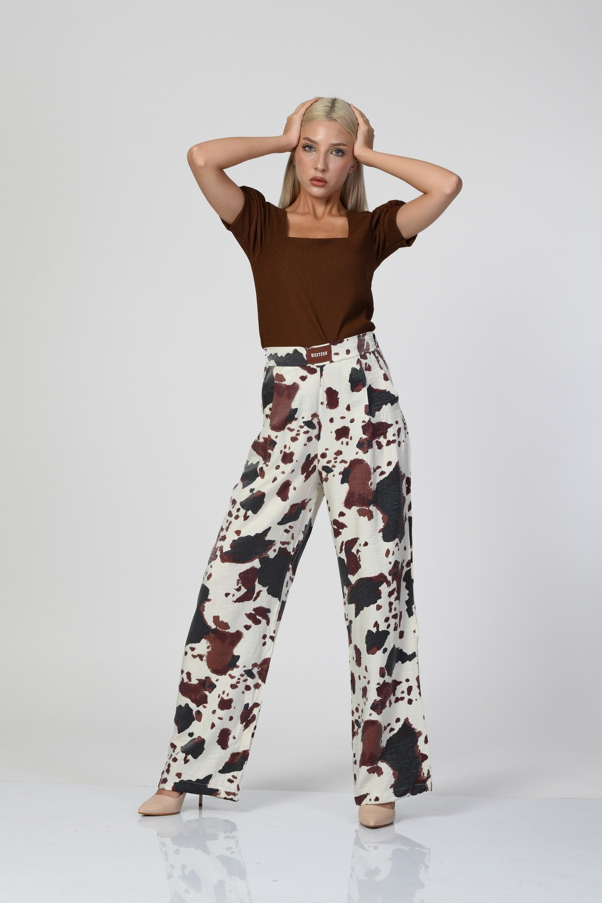 QUZU Leke Desenli Geniş Paça Pantolon  - Ekru