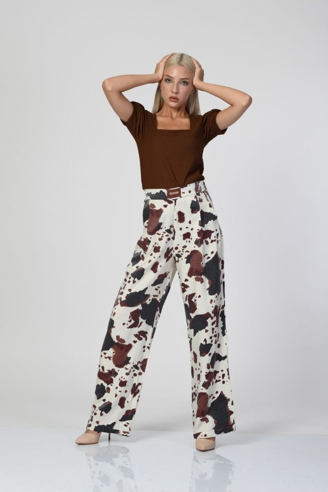 QUZU Leke Desenli Geniş Paça Pantolon  - Ekru