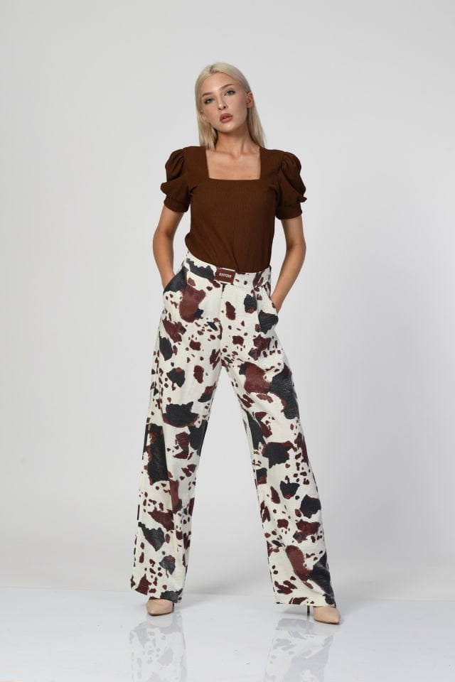 QUZU Leke Desenli Geniş Paça Pantolon  - Ekru