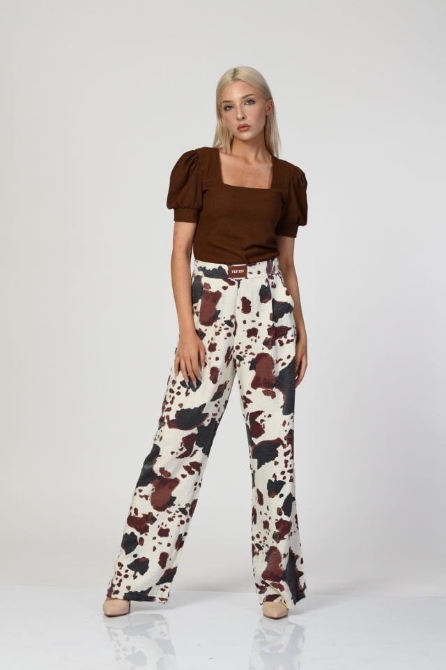 QUZU Leke Desenli Geniş Paça Pantolon  - Ekru