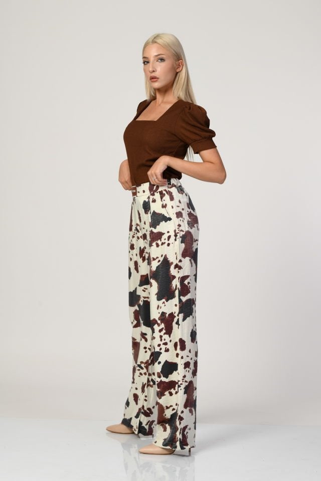 QUZU Leke Desenli Geniş Paça Pantolon  - Ekru