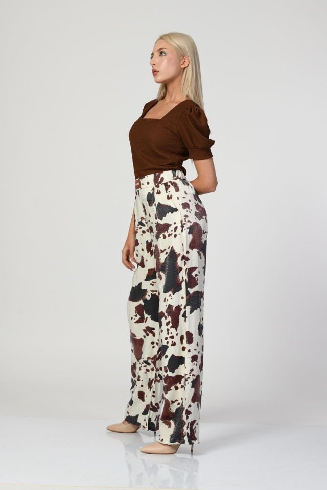 QUZU Leke Desenli Geniş Paça Pantolon  - Ekru